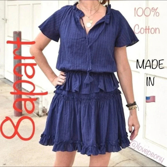 NEW 8apart Simone Tiered Ruffle Mini Dress Navy - Picture 1 of 16